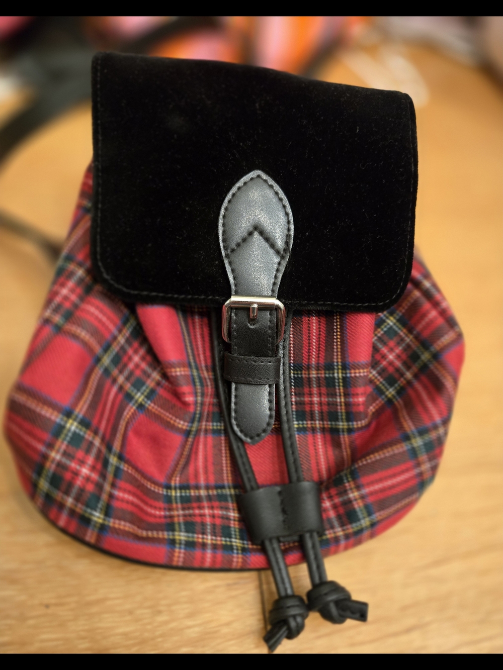 Vintage GAP Red Tartan Drawstring Bucket Bag with Black Accents